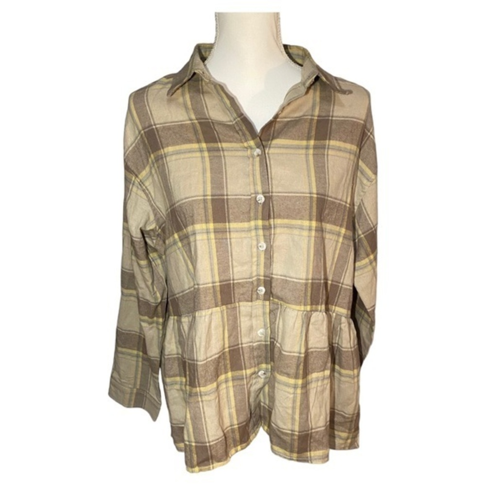 NWT Wishlist Plaid‎ Flannel Peplum Button Down Top Blouse